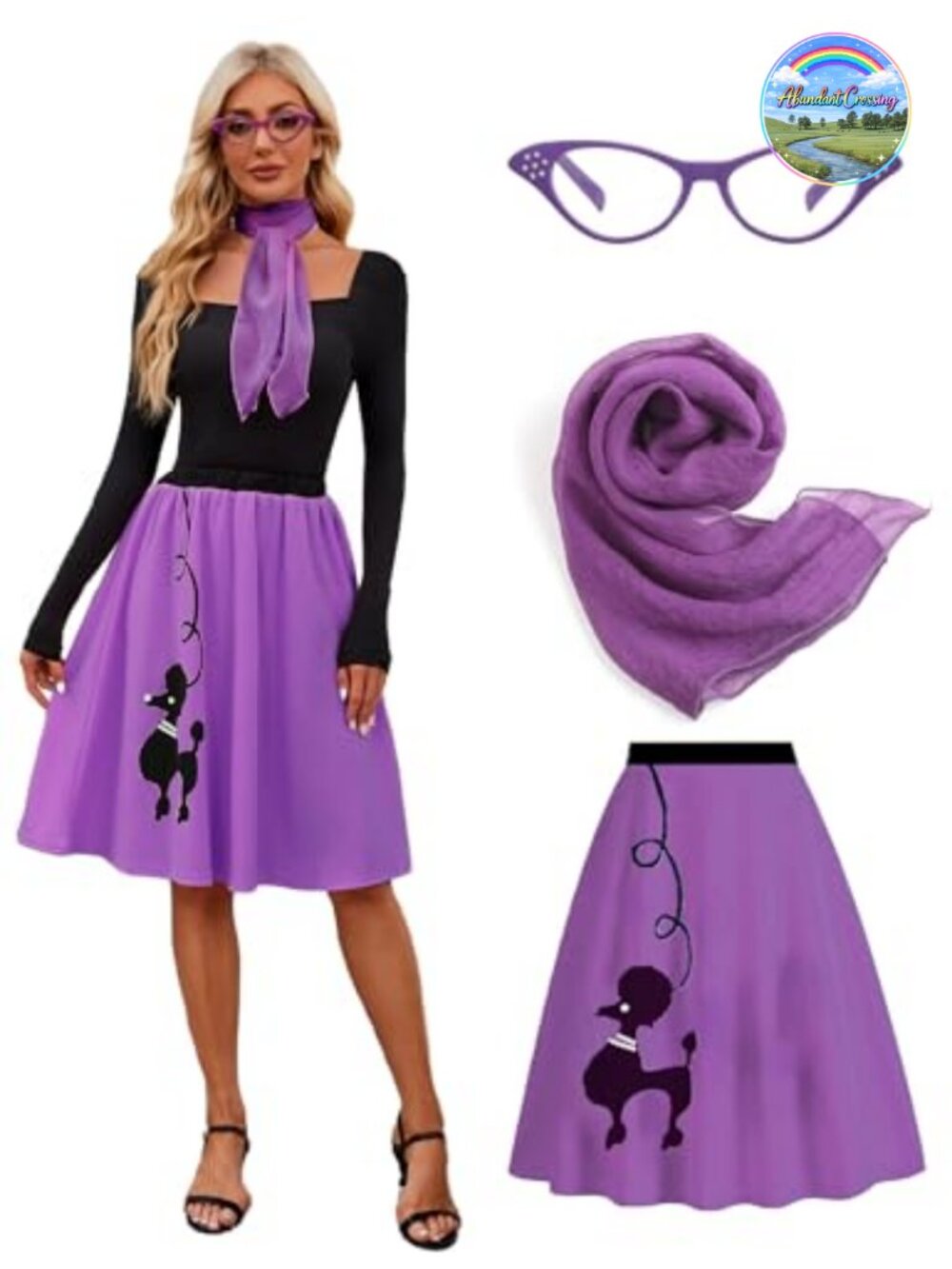 50s Poodle Skirt Costume Set 3 Pc with Scarf & Cat Eye Glasses Retro